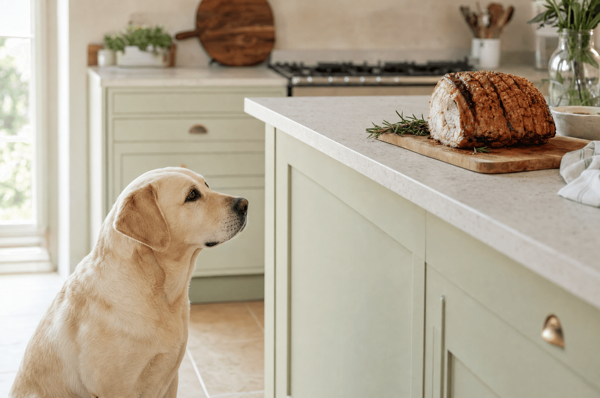 Labrador at a distance from a resting roast pork joint