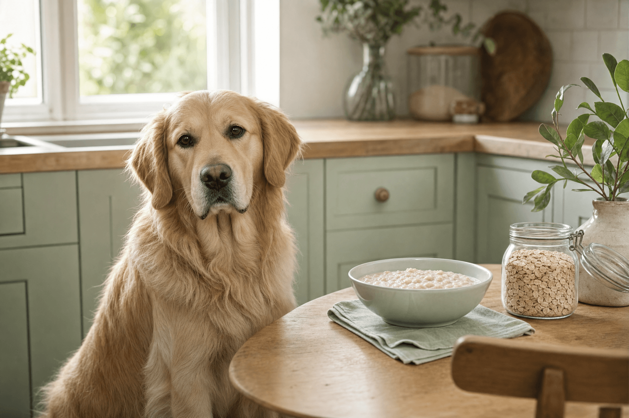 Golden retriever beside a bowl of porridge and a jar of oats
