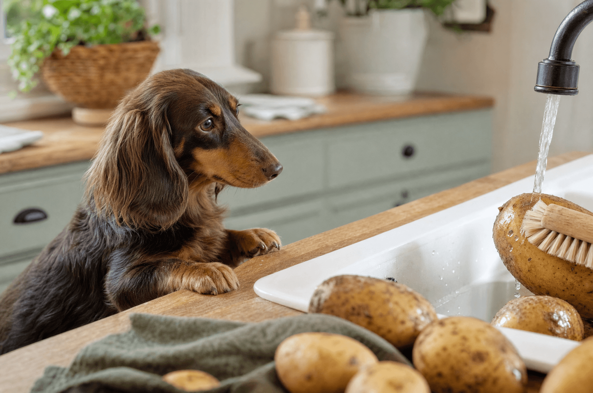 Dachshund watching potatoes being scrubbed at a kitchen sink