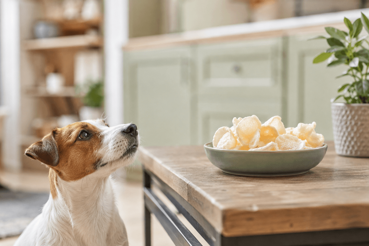 Jack russell looking up at a bowl of prawn crackers on a coffee table