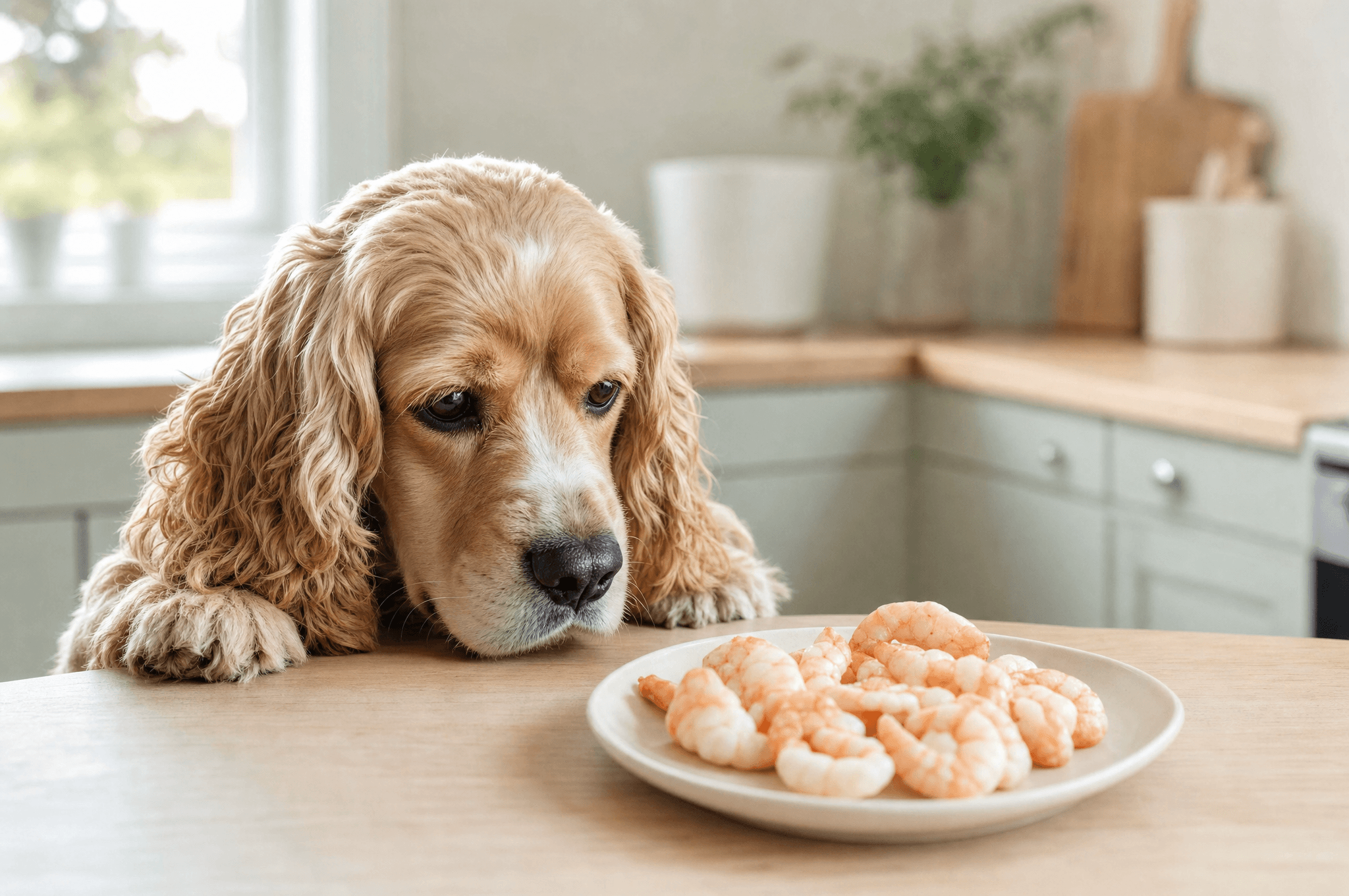 Cocker spaniel looking at a plate of cooked peeled prawns