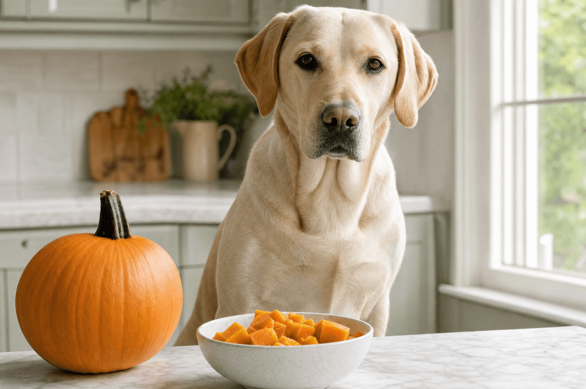 Labrador beside a whole pumpkin and a bowl of cooked pumpkin