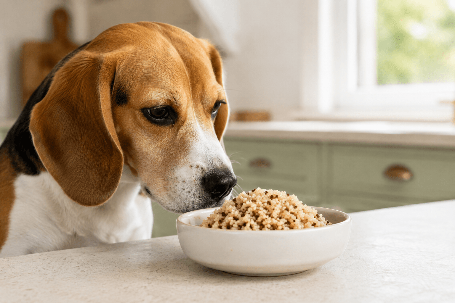 Beagle sniffing a bowl of cooked quinoa on a kitchen counter