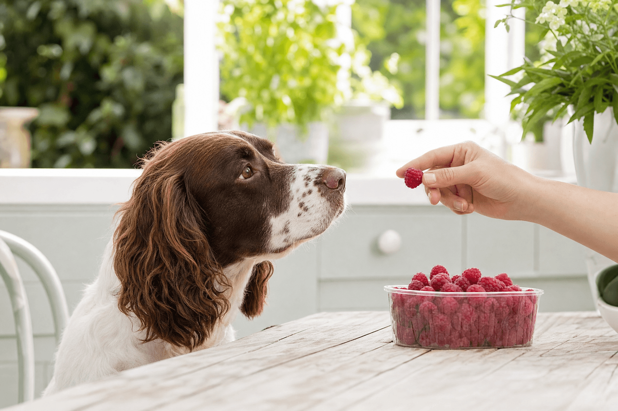 Spaniel being offered a raspberry beside a punnet