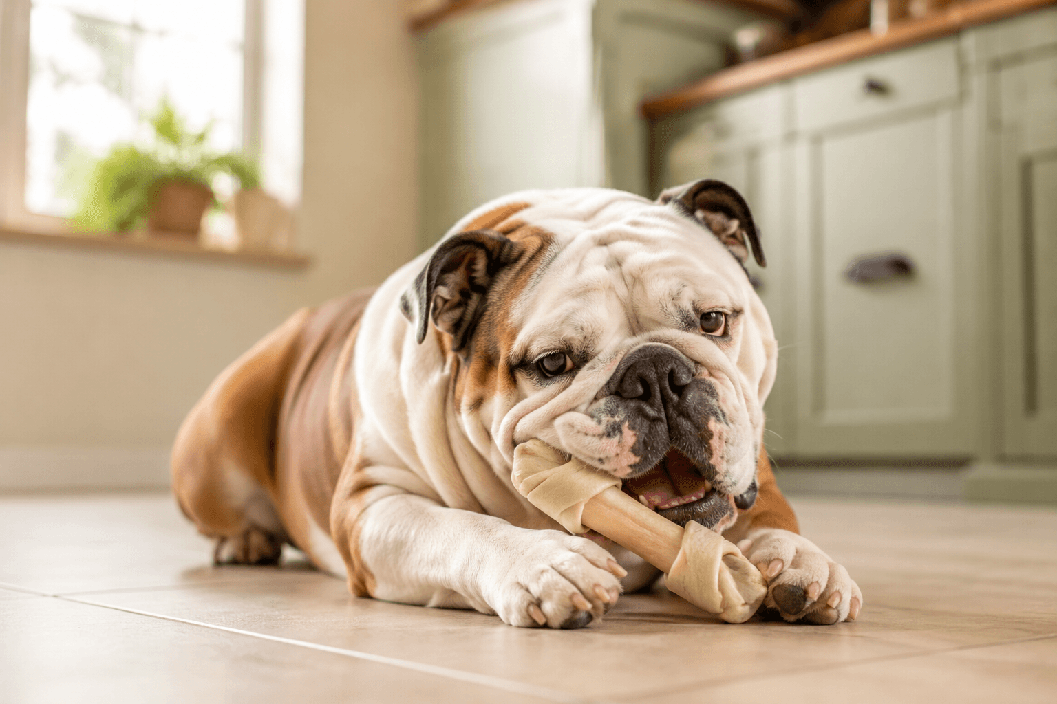 Bulldog lying on the floor chewing a rawhide bone