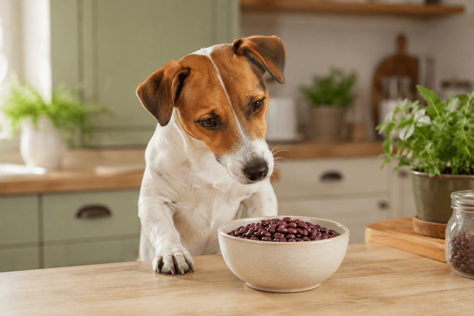 Jack russell looking at a bowl of dried kidney beans