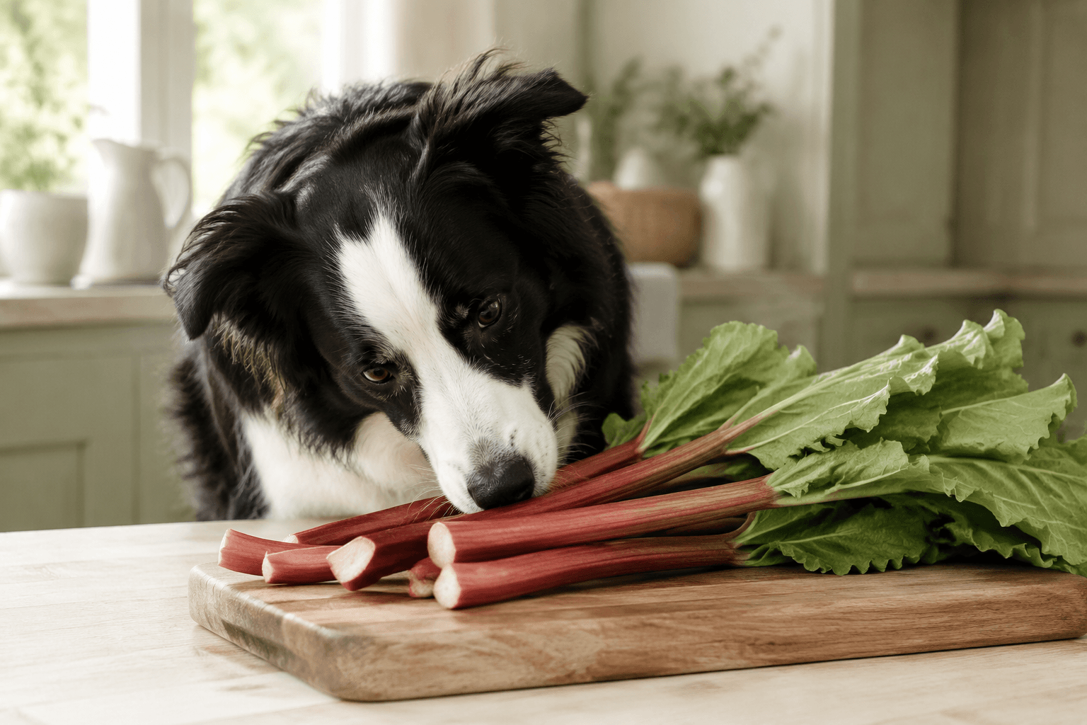 Border collie sniffing stalks of rhubarb with leaves attached on a chopping board