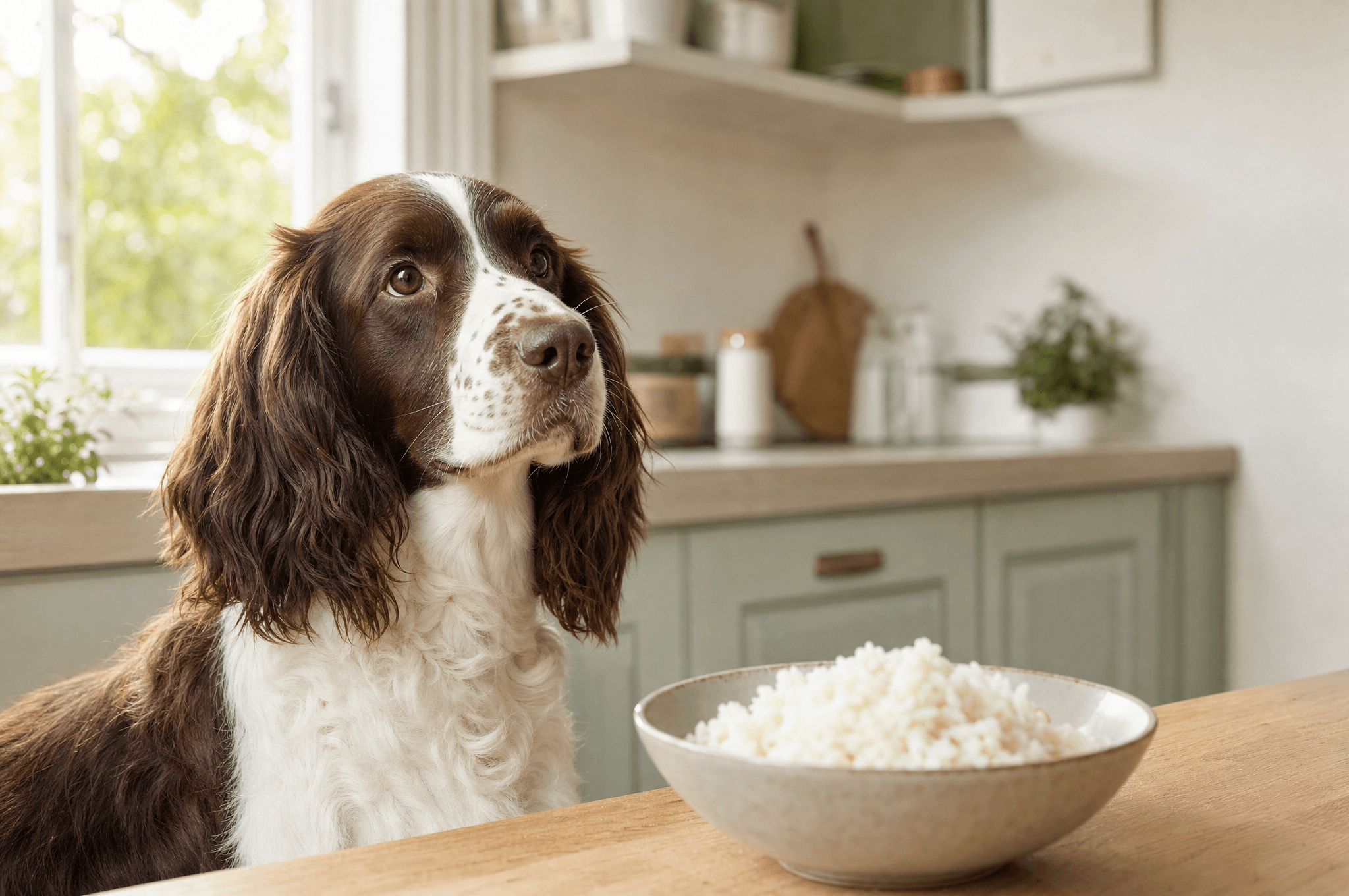 Spaniel beside a bowl of plain boiled rice