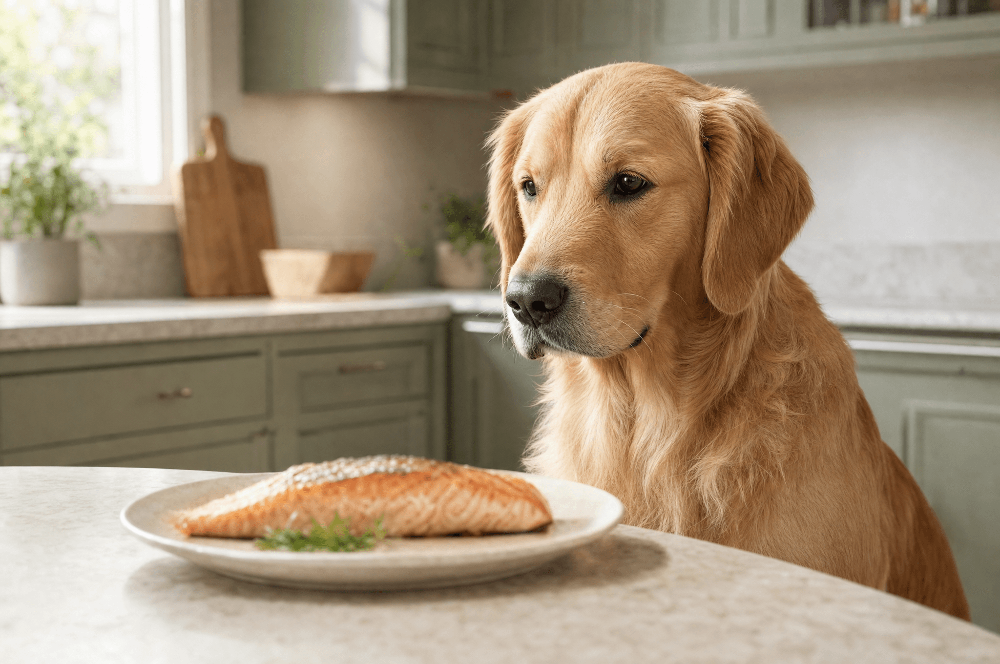 Golden retriever beside a cooked salmon fillet on a kitchen counter