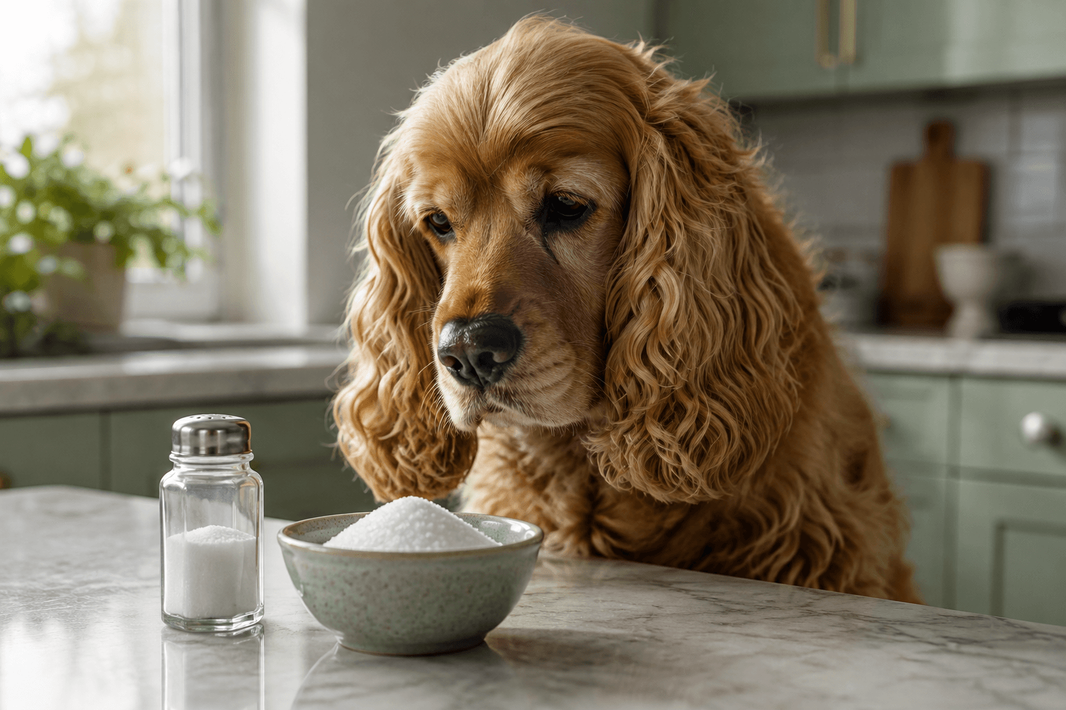 Cocker spaniel looking at a bowl of table salt and a salt shaker on a kitchen counter