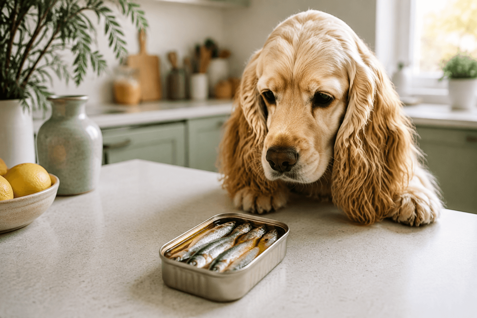 Cocker spaniel being offered a tinned sardine on a kitchen counter