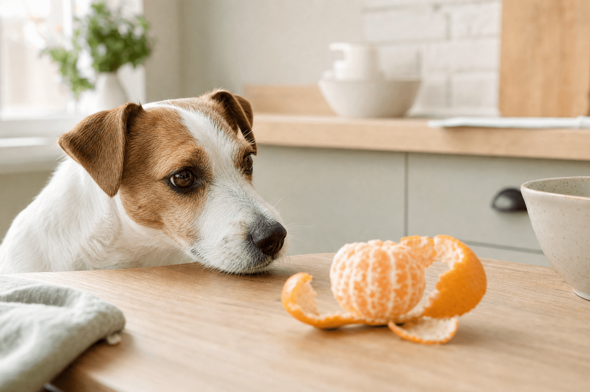 Jack russell watching a satsuma being peeled at a table