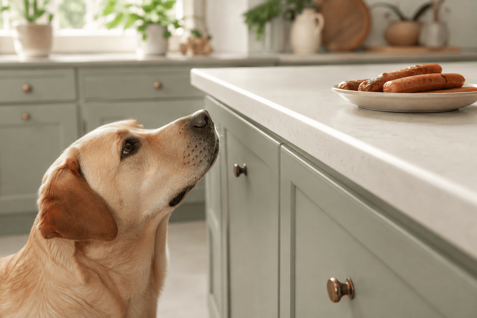 Labrador looking up at a plate of sausages on a kitchen counter, out of reach