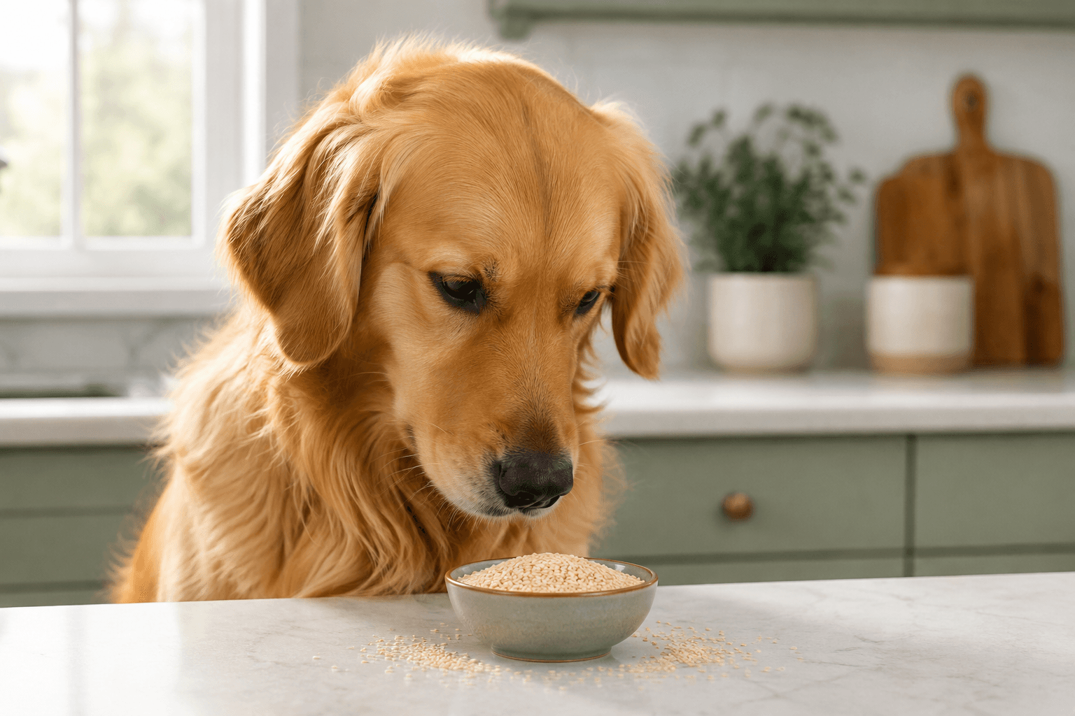 Golden retriever looking at a small bowl of sesame seeds on a kitchen counter