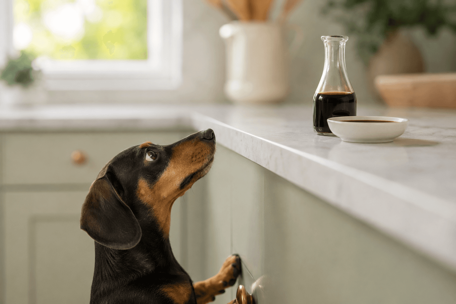 Dachshund looking up at a small bottle and dish of dark soy sauce on a kitchen counter, out of reach