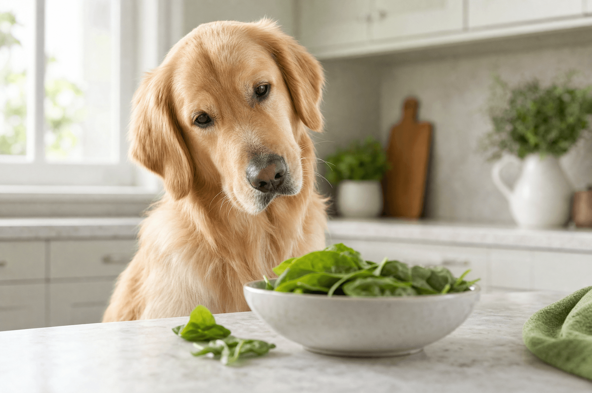 Retriever head-tilting at a bowl of fresh spinach leaves