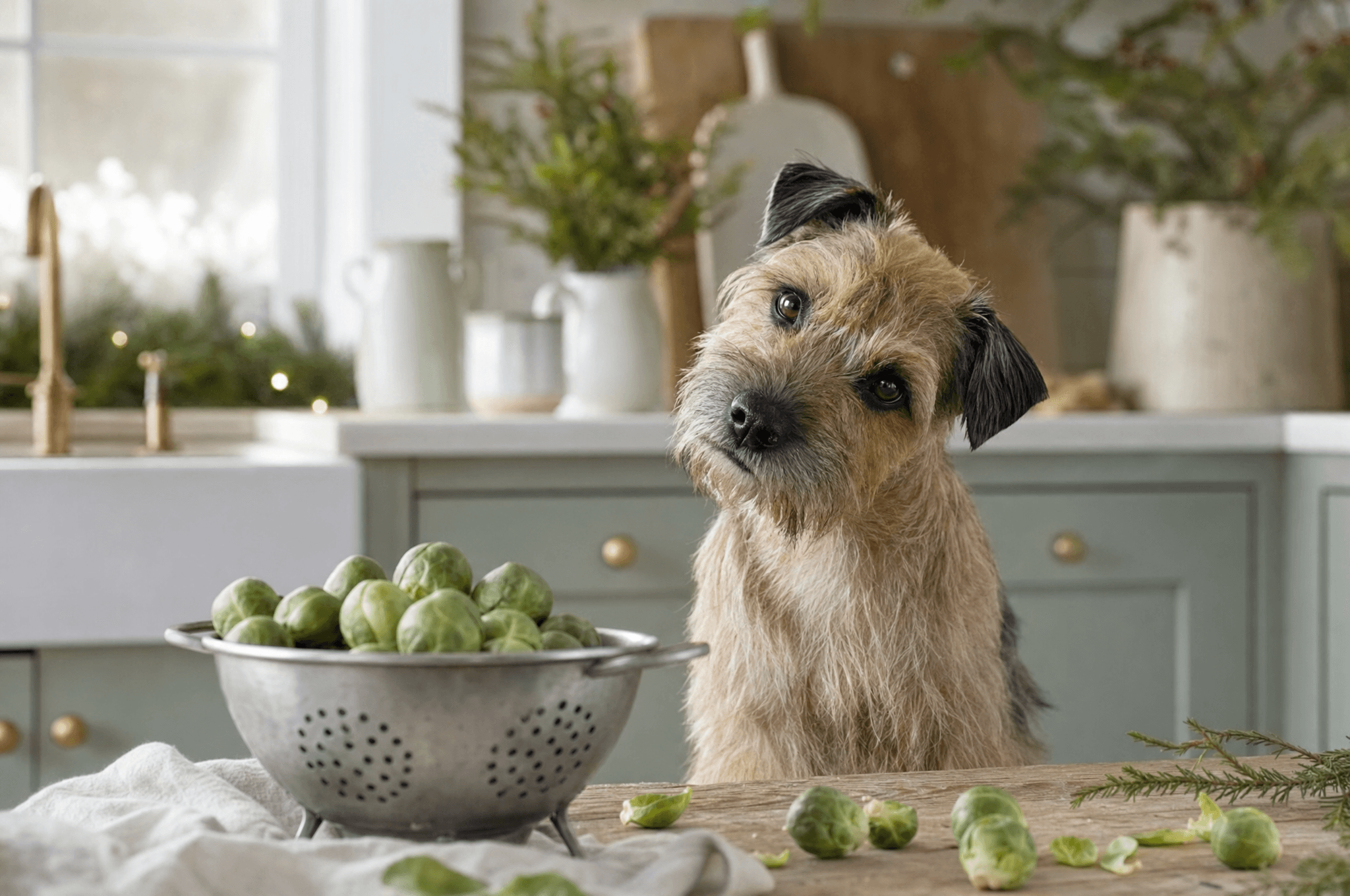 Terrier looking at a colander of brussels sprouts on a kitchen table