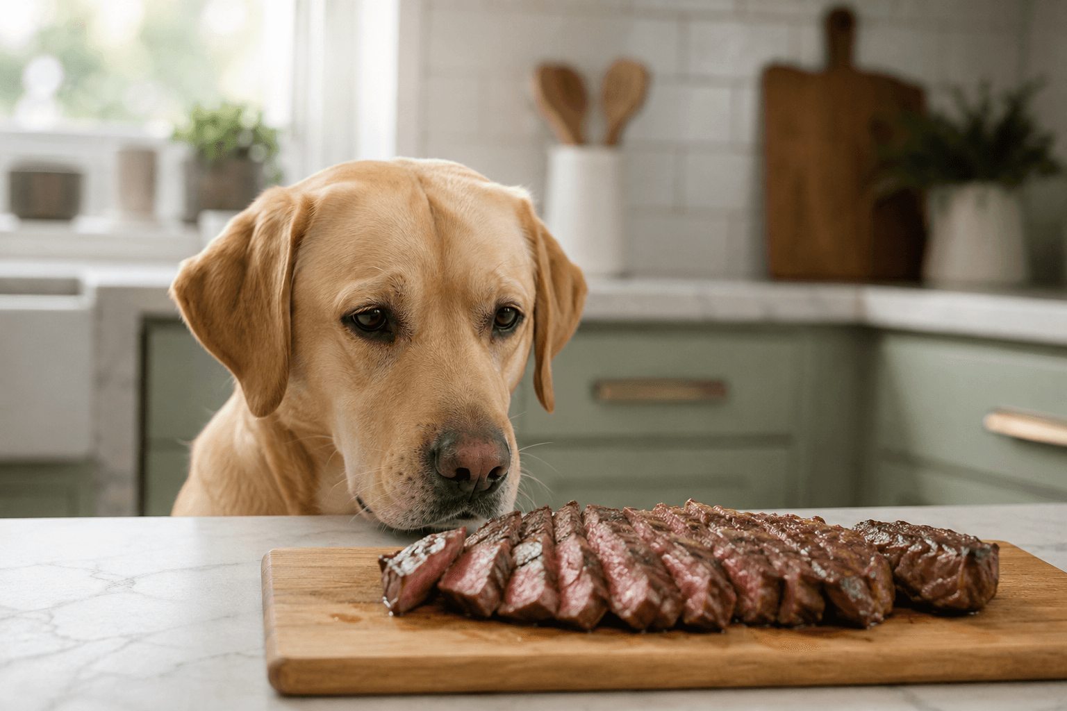 Labrador watching a sliced cooked steak resting on a wooden board on a kitchen counter