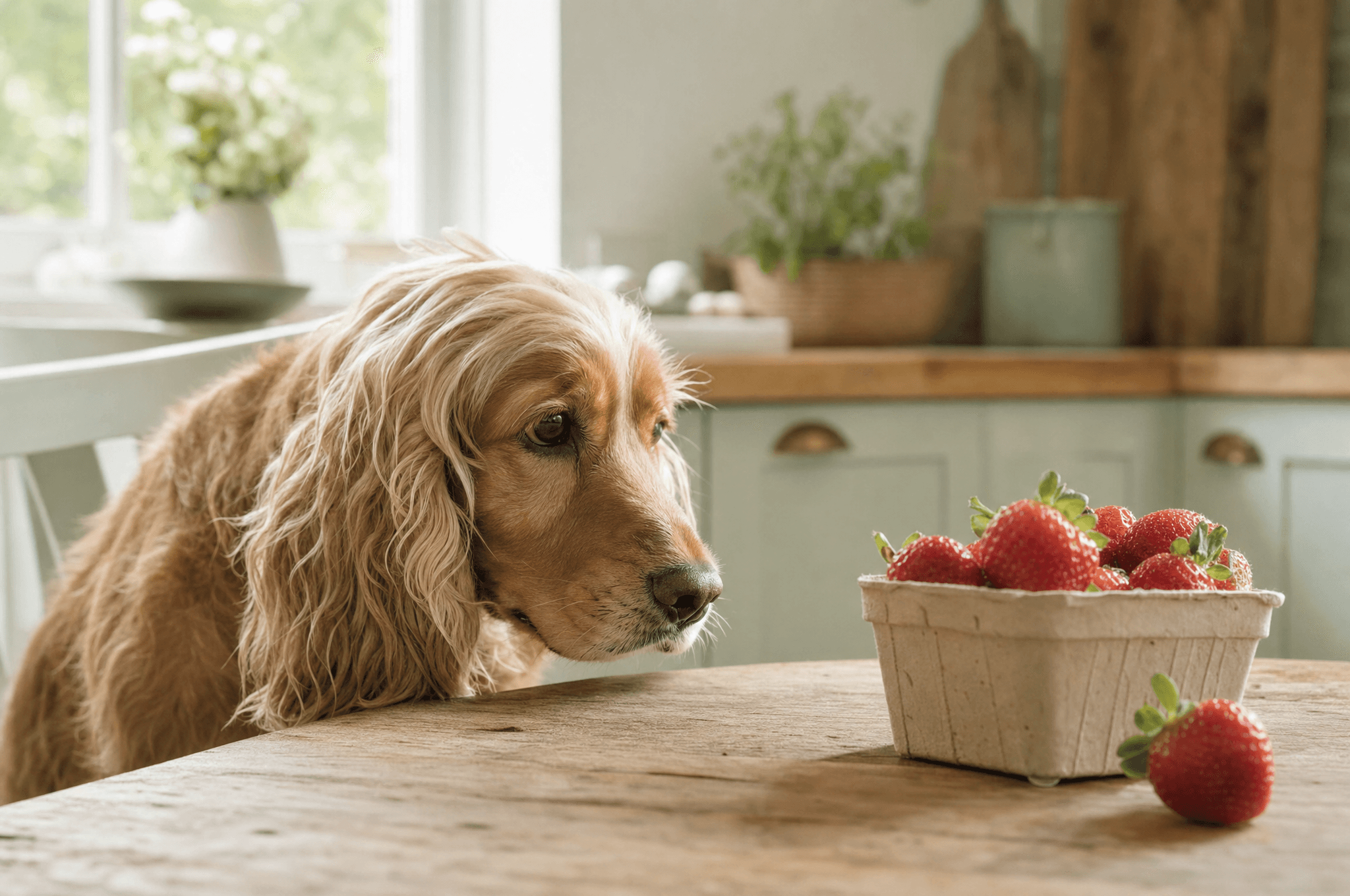 Cocker spaniel eyeing a punnet of strawberries on a garden table