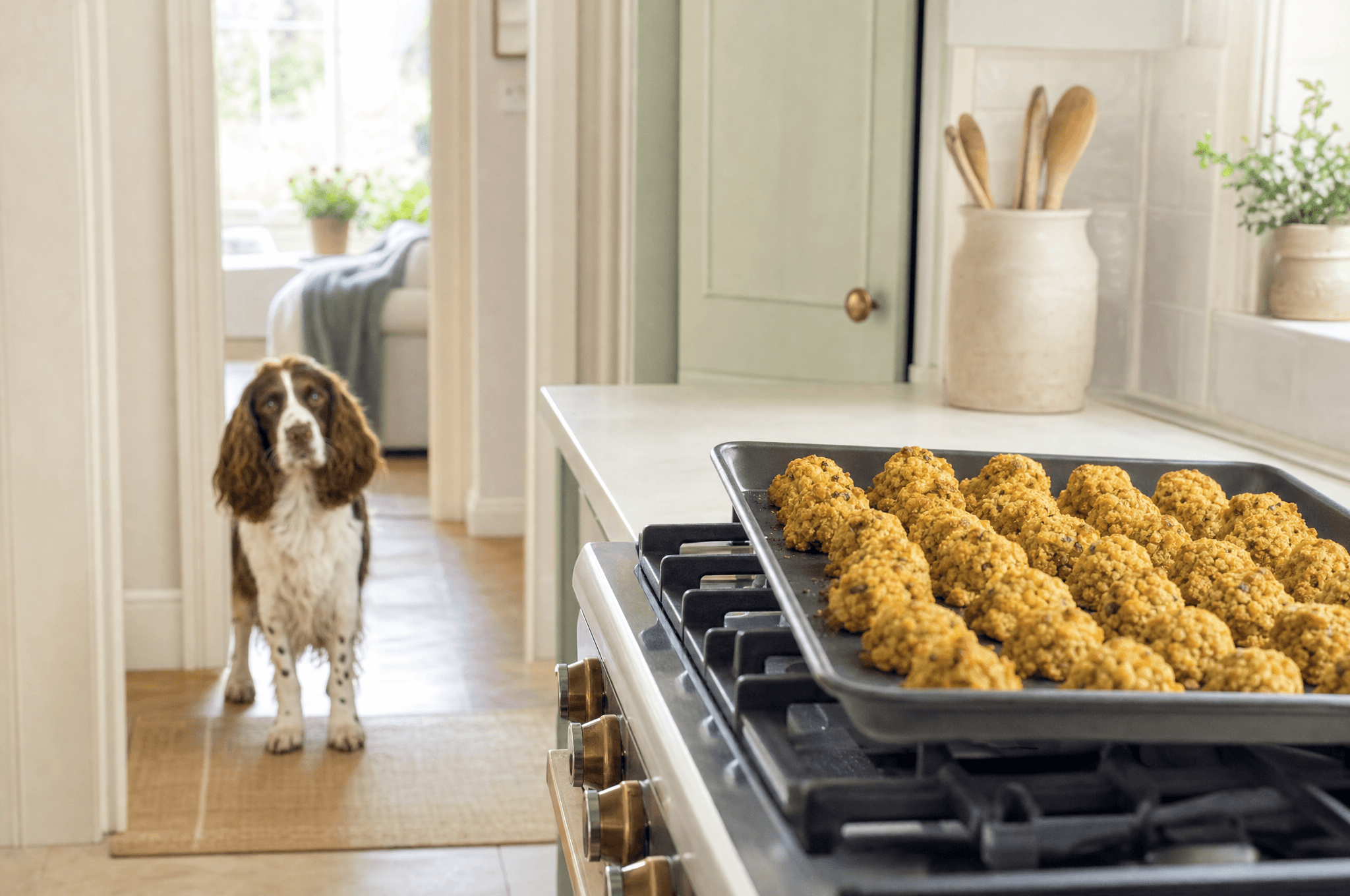 Spaniel watching a tray of stuffing balls resting on the stove top