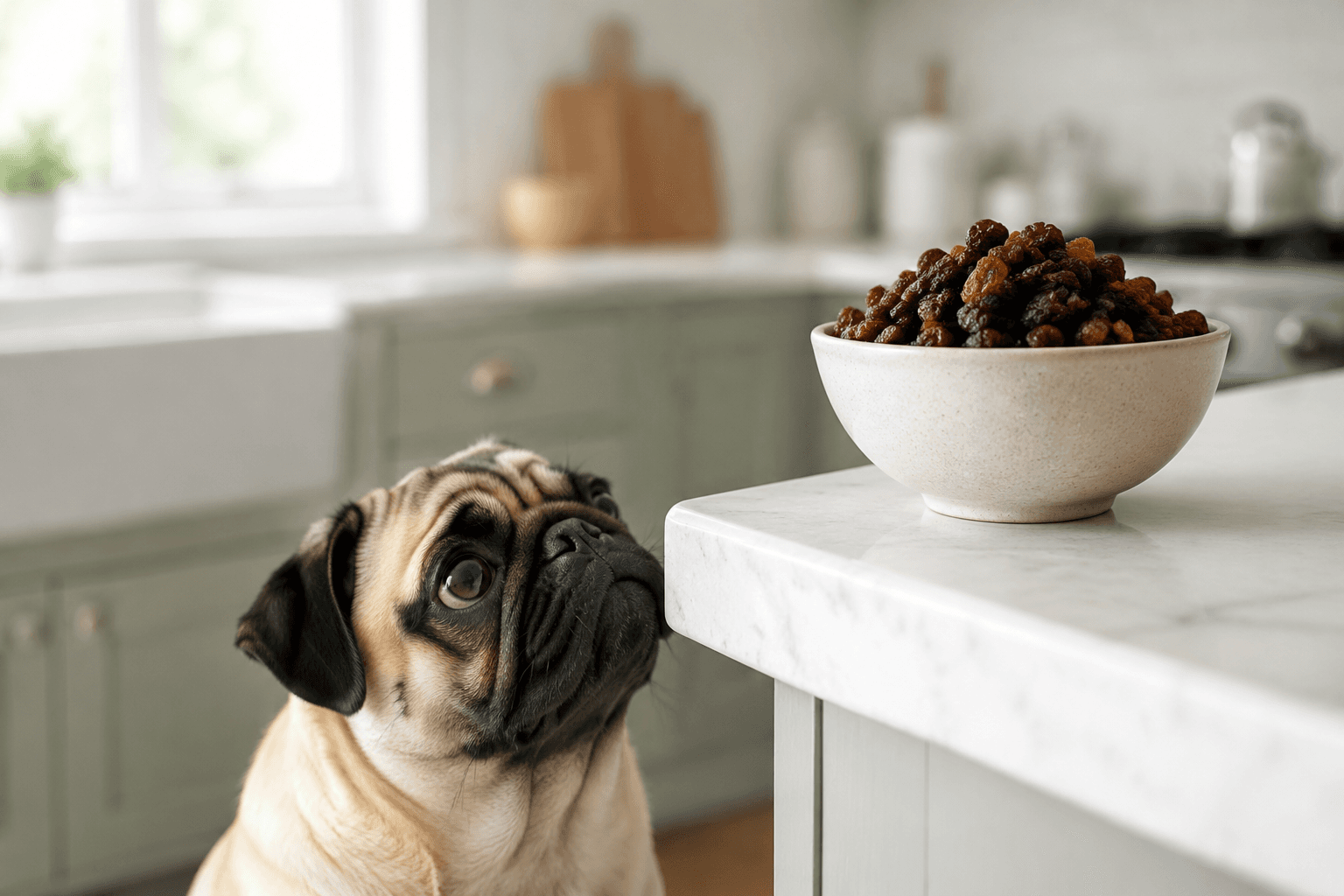 Pug looking up at a bowl of sultanas on a kitchen counter, out of reach