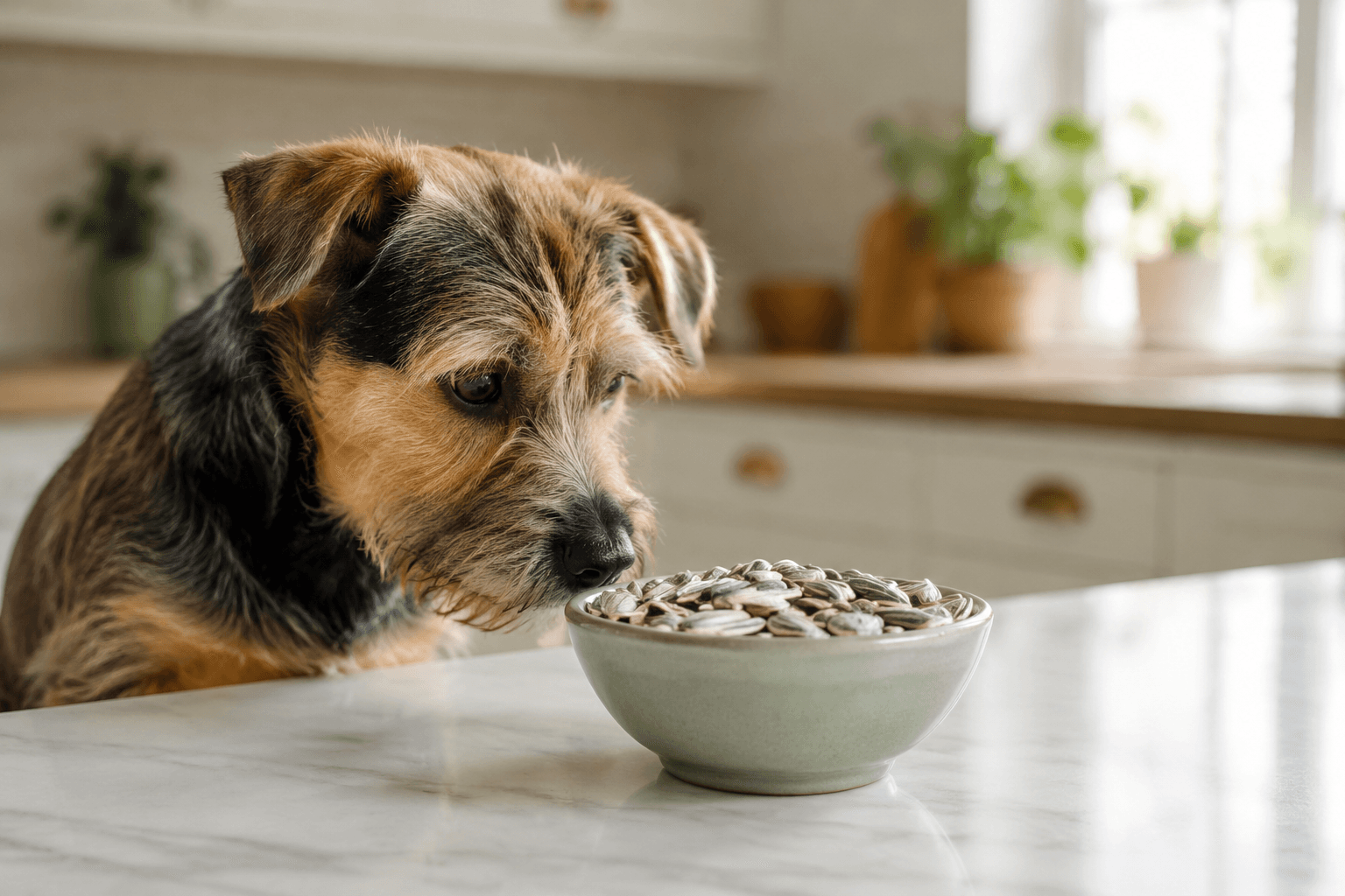 Terrier sniffing at a bowl of sunflower seeds still in their shells on a kitchen counter, not touching them