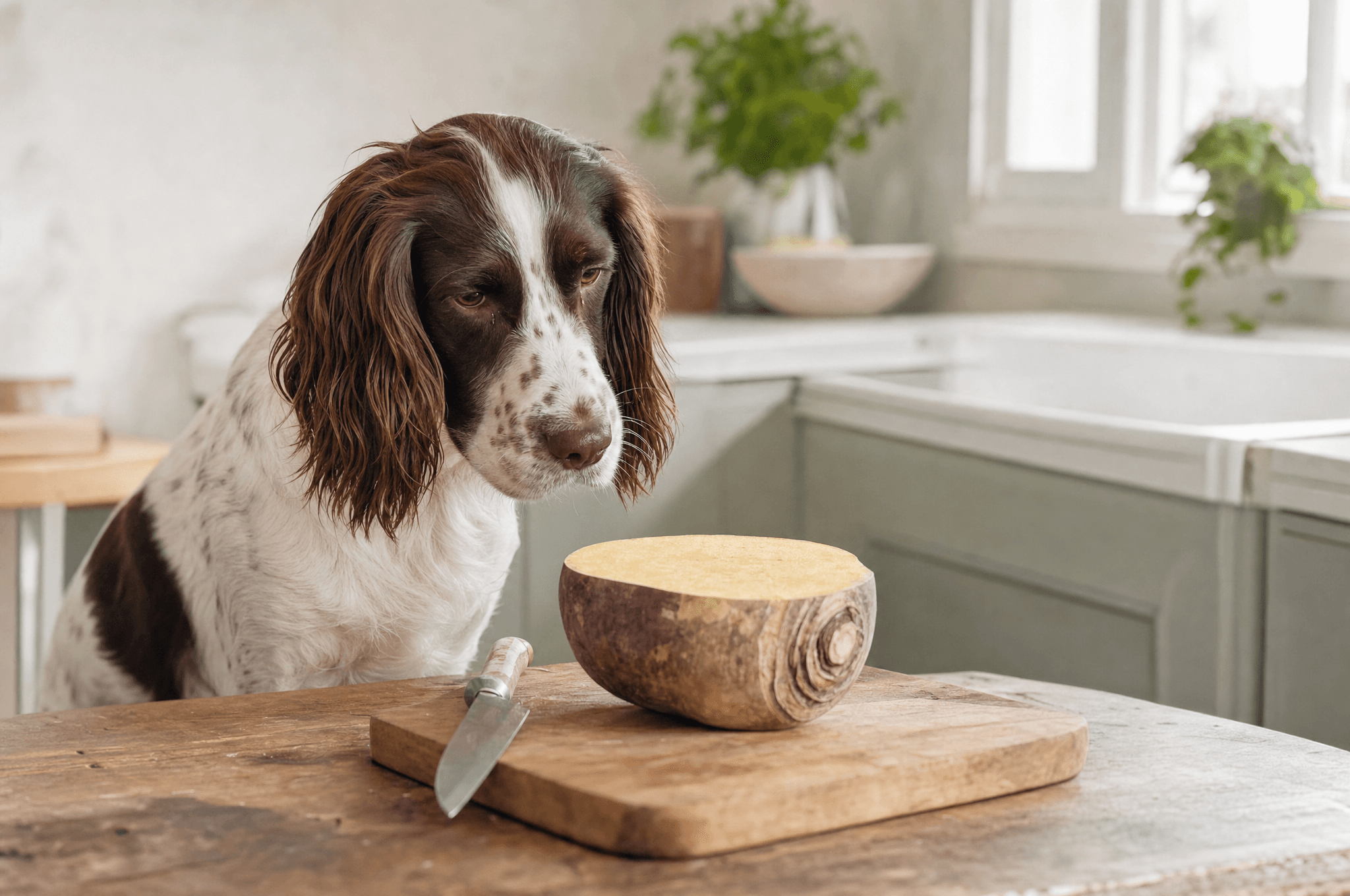 Spaniel looking at a halved swede on a kitchen chopping board