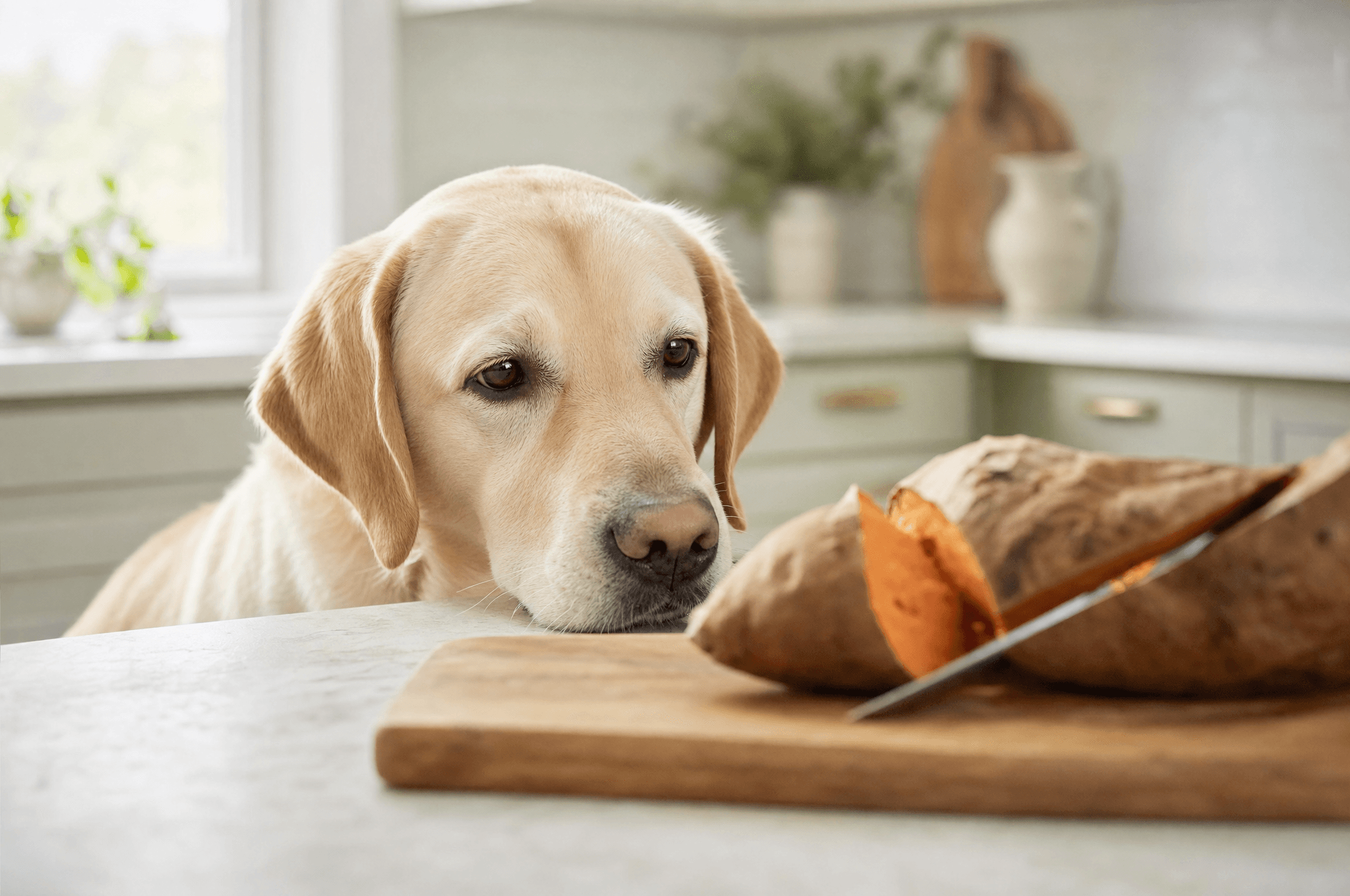 Labrador watching a baked sweet potato being halved on a board