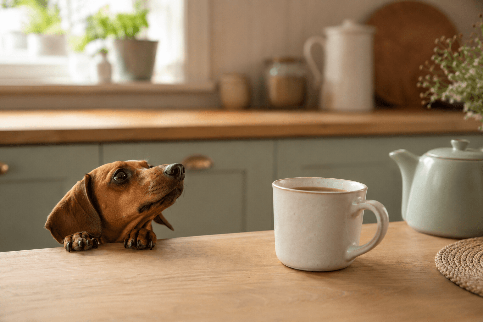 Dachshund looking up at a mug of tea on a kitchen table, out of reach