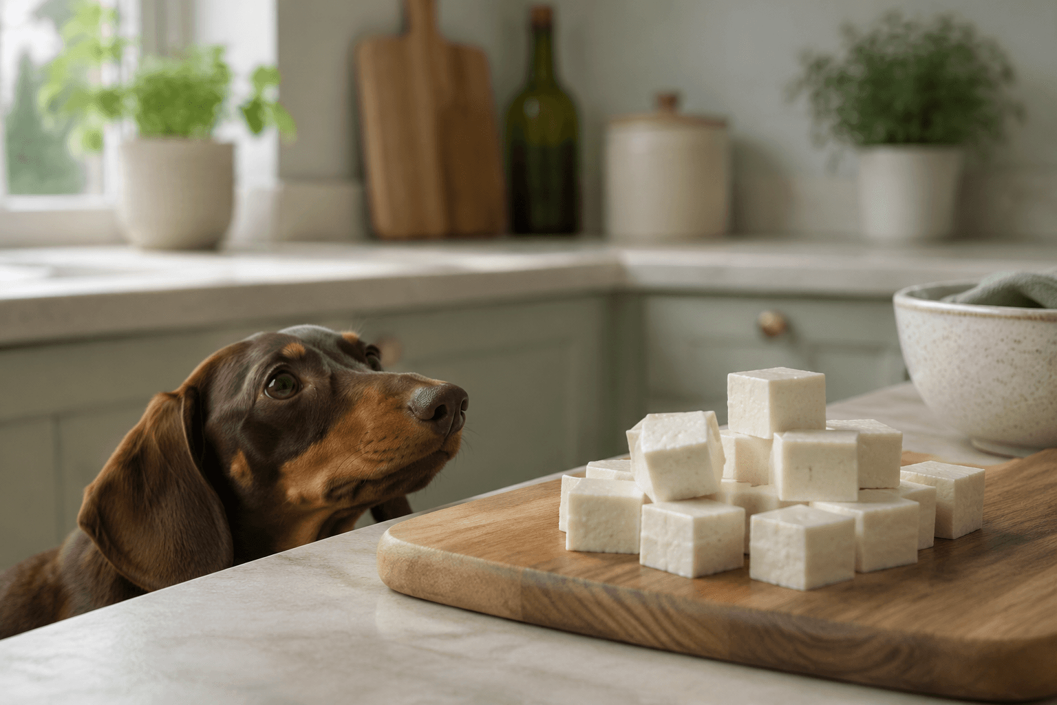 Dachshund looking up at cubes of plain white tofu on a chopping board