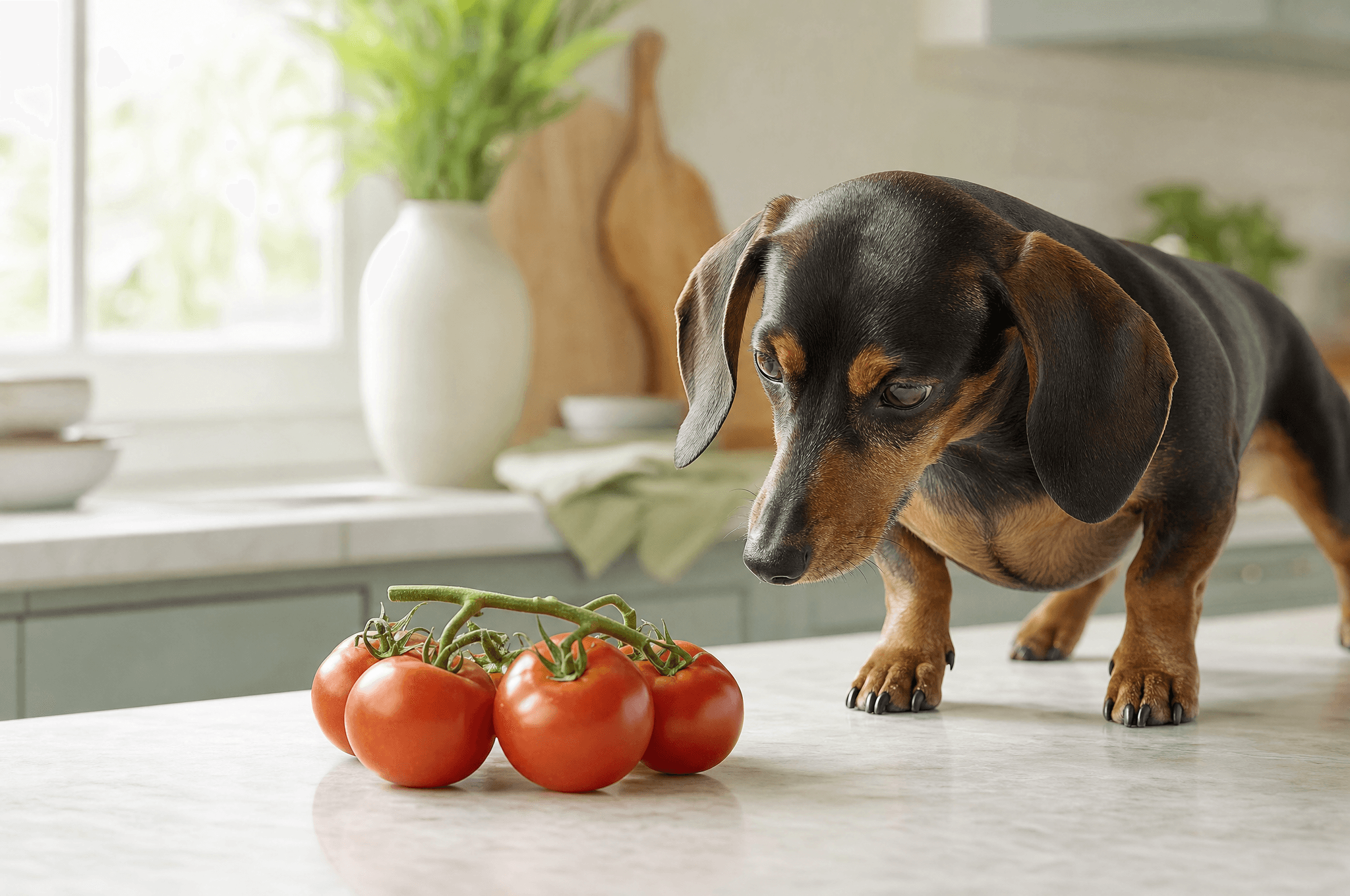 Dachshund looking at tomatoes on the vine on a kitchen counter