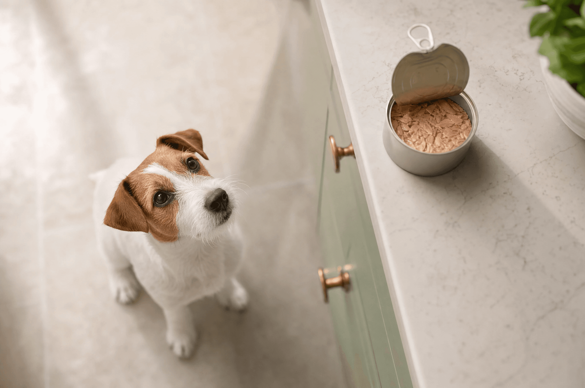 Jack russell looking up at an open tin of tuna on a counter