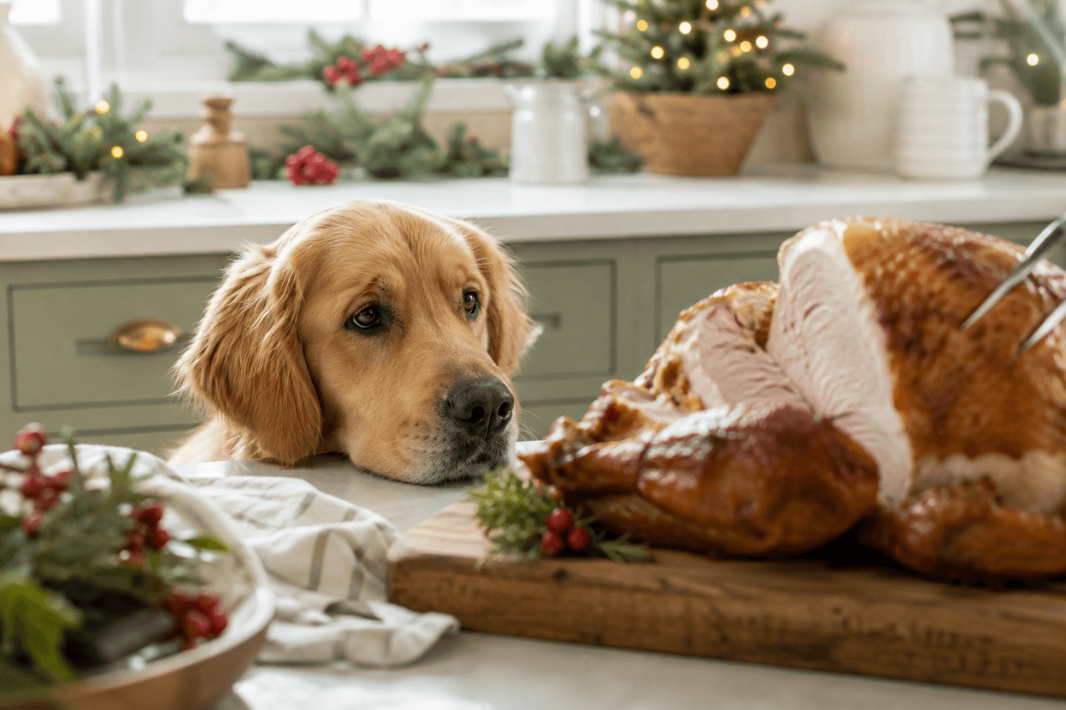 Golden retriever watching a turkey being carved at a kitchen counter