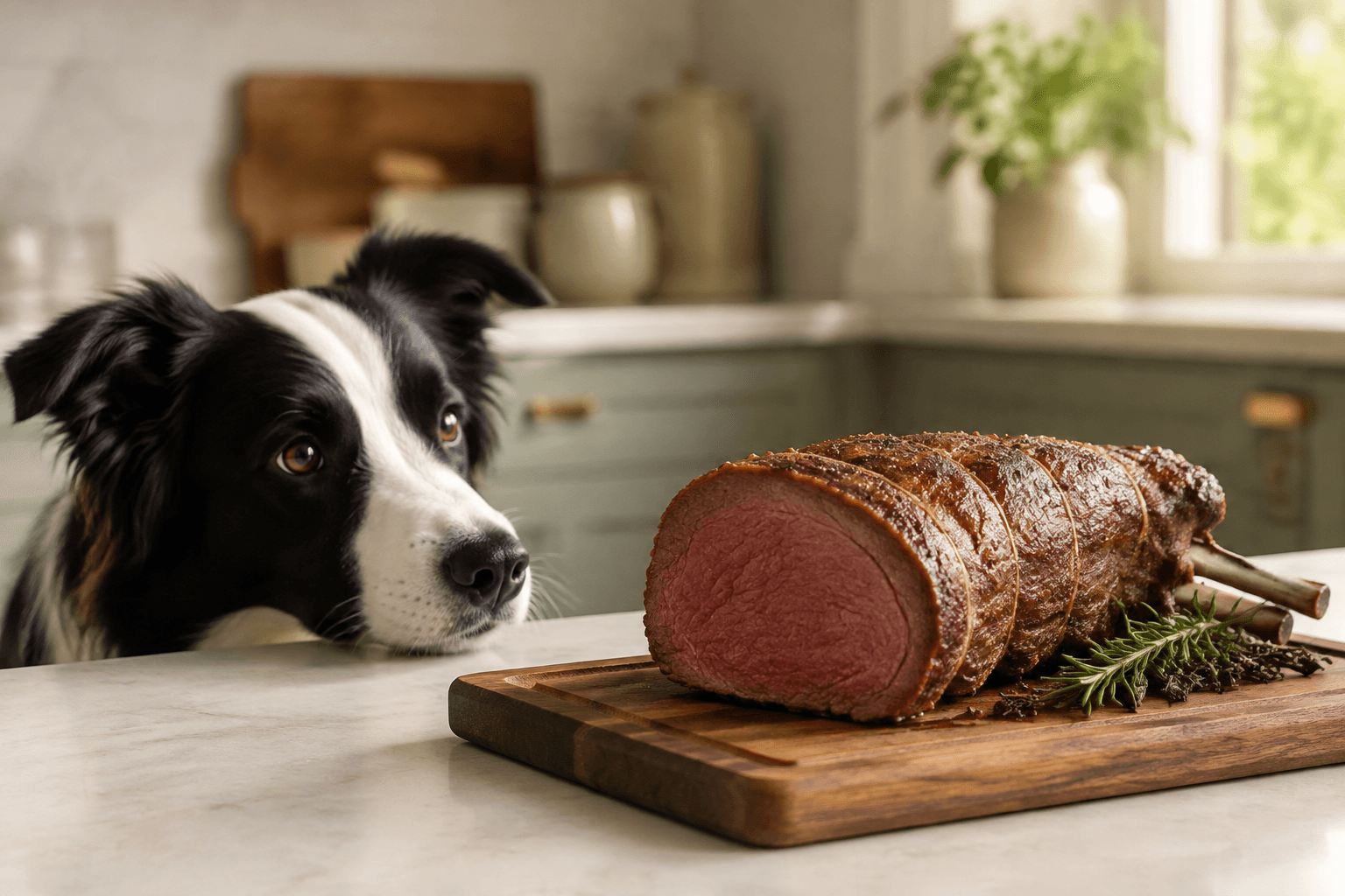 Border collie watching a cooked venison joint resting on a carving board