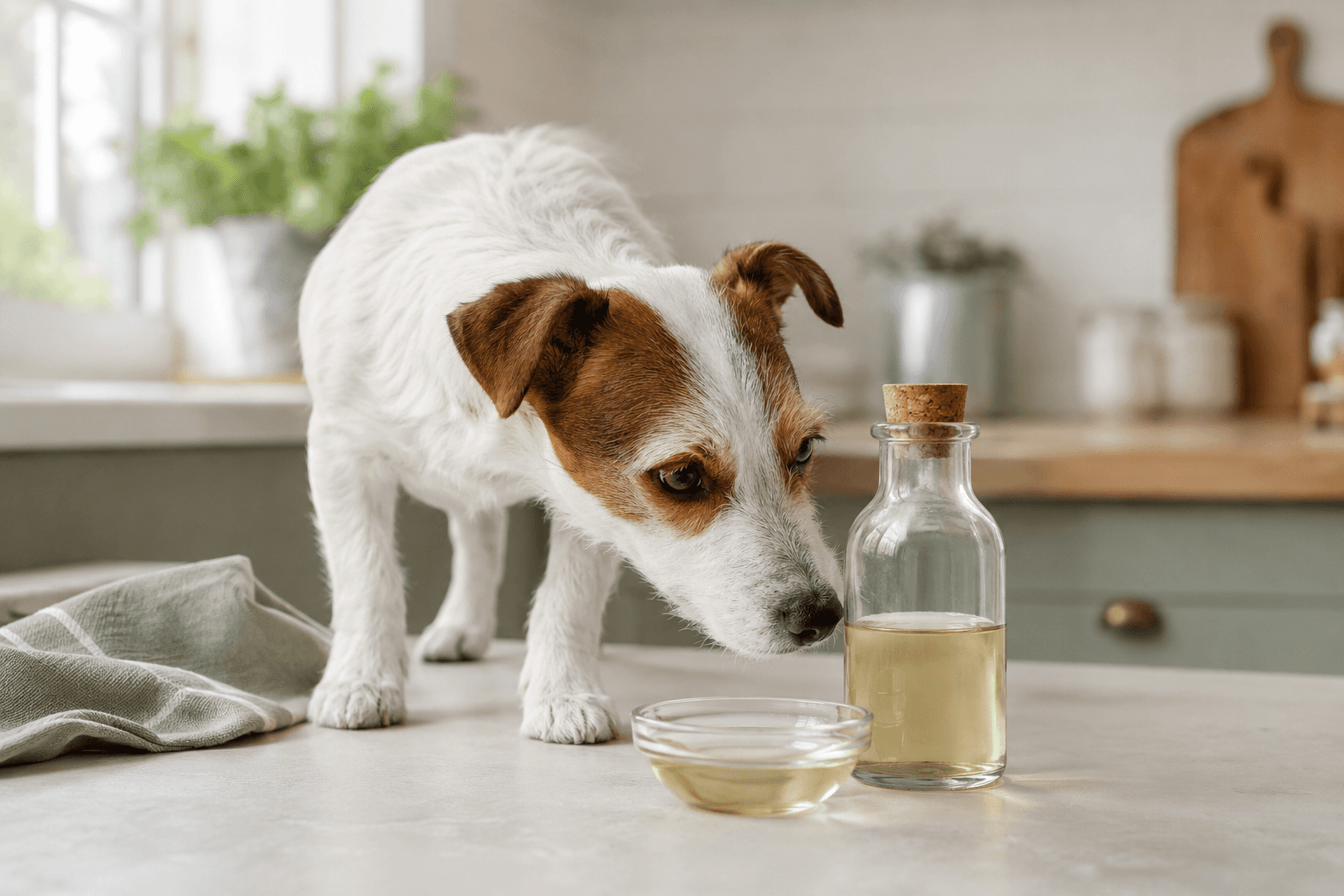 Jack russell sniffing at a small glass bottle and dish of vinegar on a kitchen counter, not touching it