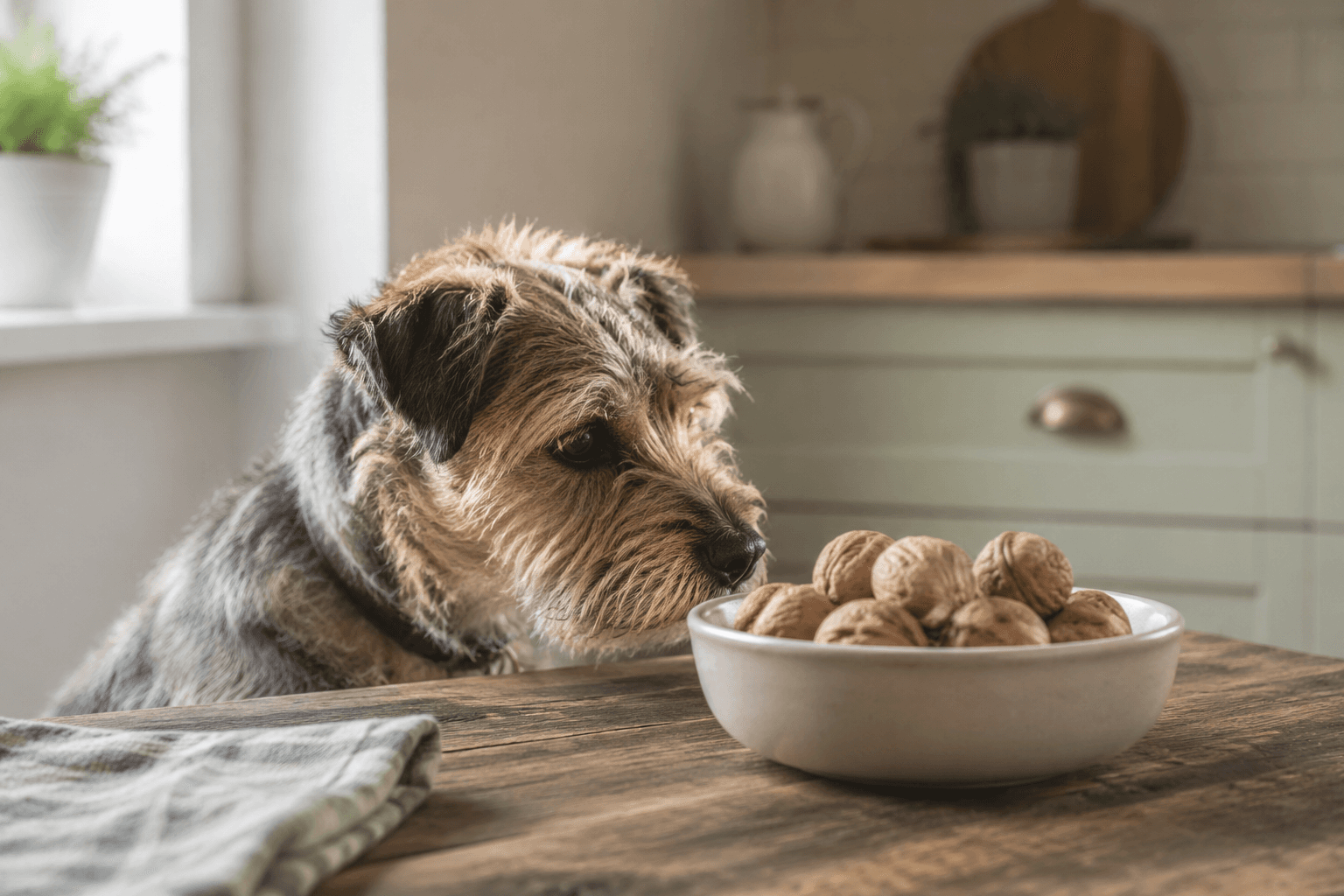 Terrier sniffing at a bowl of whole walnuts on a wooden table, not touching them