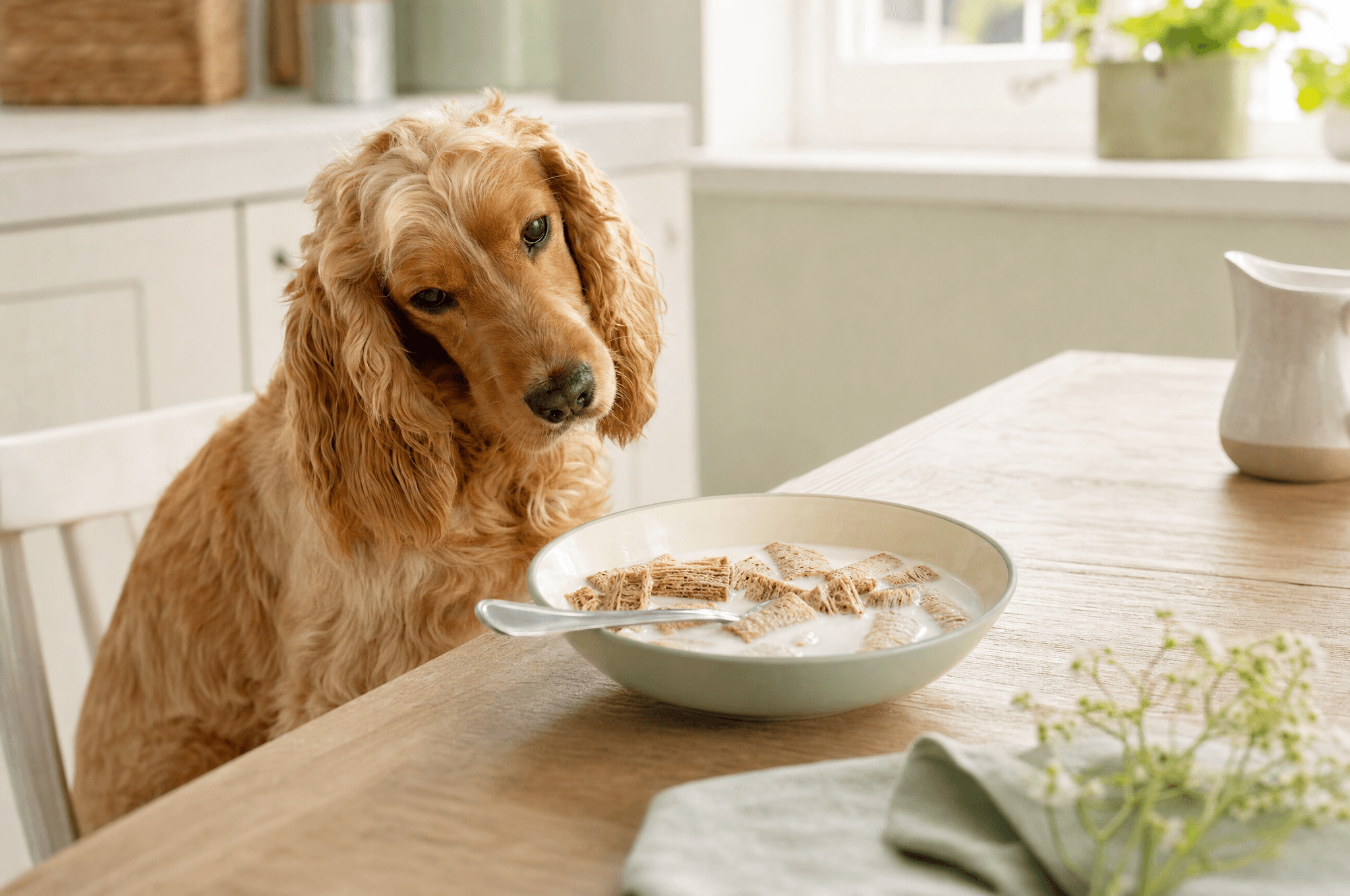 Cocker spaniel looking at a bowl of wheat biscuit cereal on a breakfast table