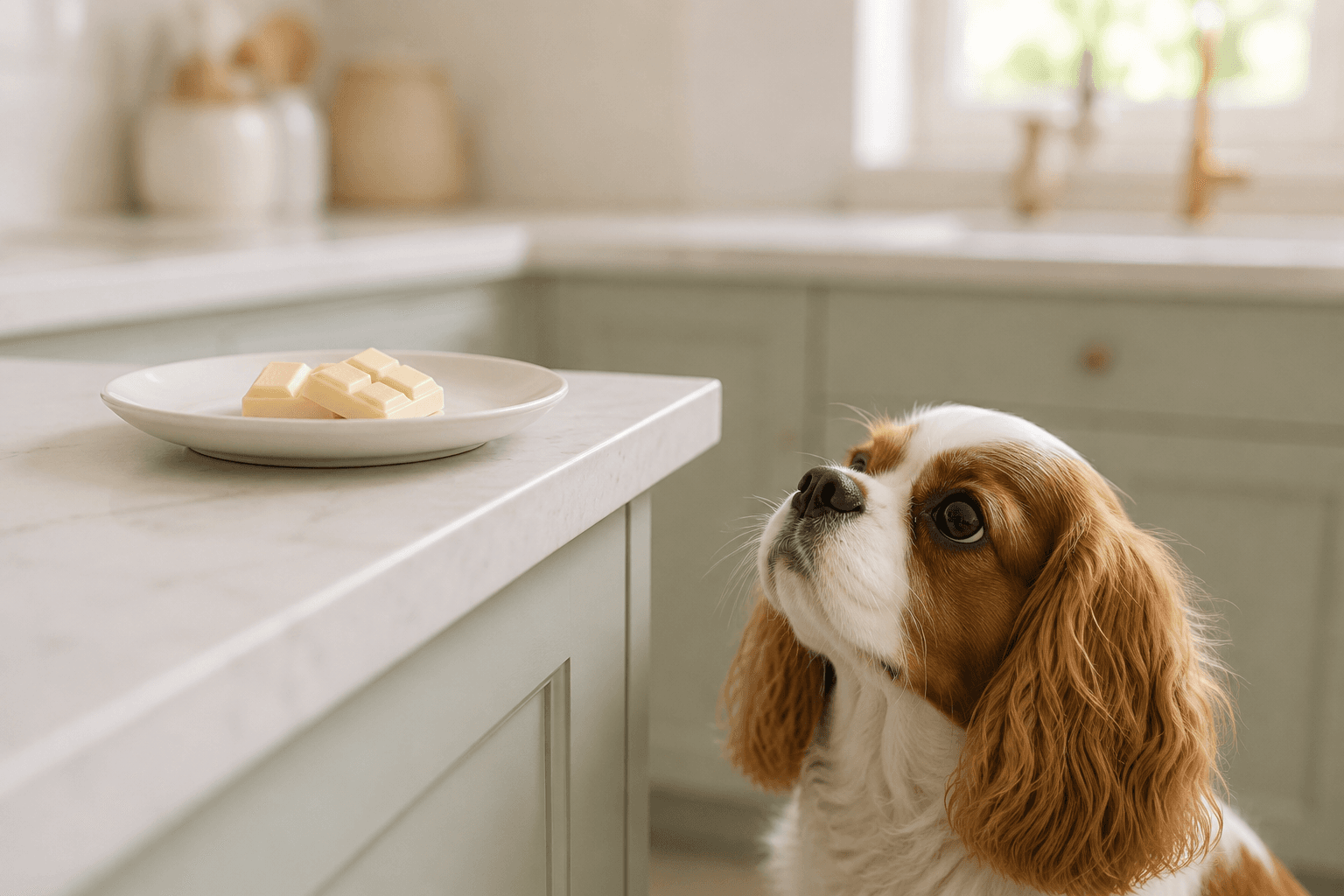 Cavalier King Charles spaniel looking up from the floor at white chocolate squares on a kitchen counter, out of reach