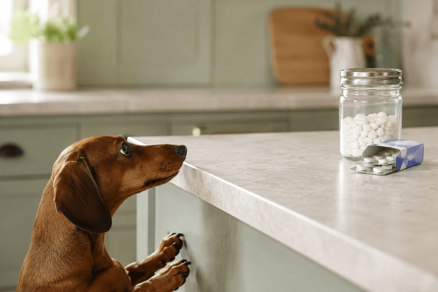Dachshund looking up at a jar of sugar-free sweetener and a pack of chewing gum on a kitchen counter, out of reach