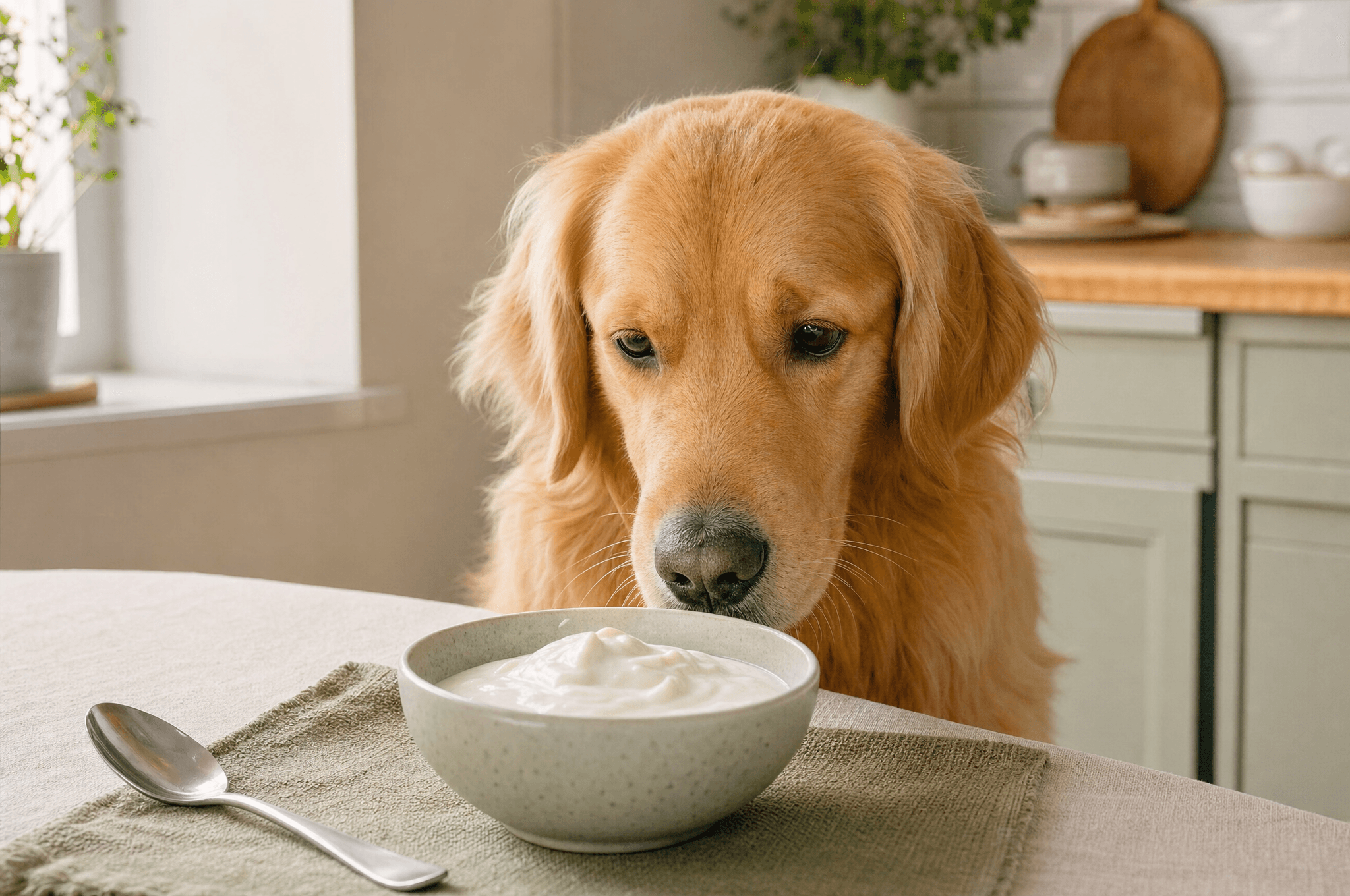 Golden retriever eyeing a bowl of plain yogurt on a table
