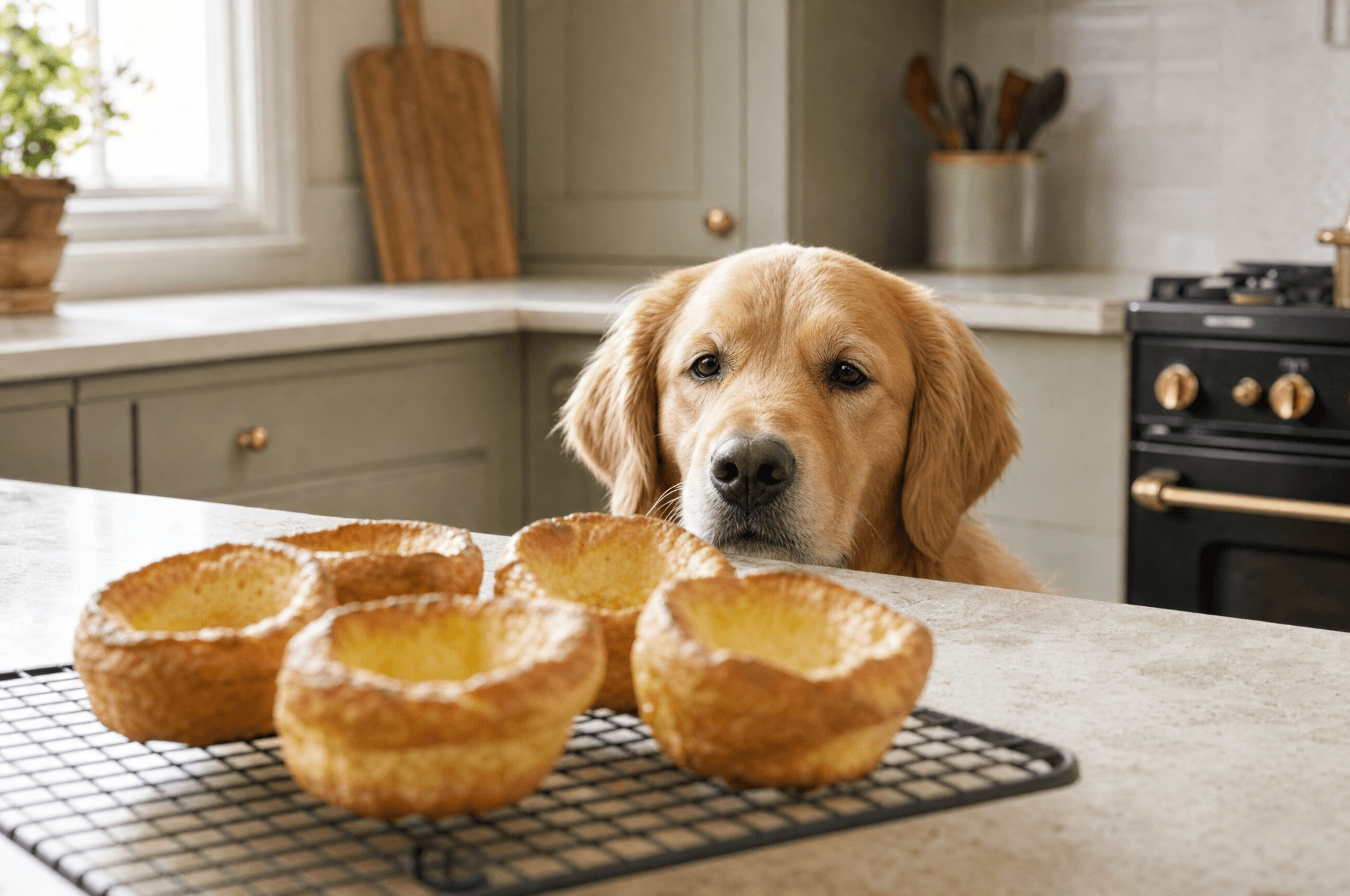 Golden retriever eyeing yorkshire puddings cooling on a wire rack