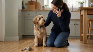A woman kneeling on her kitchen floor rings the vet while checking on her dog