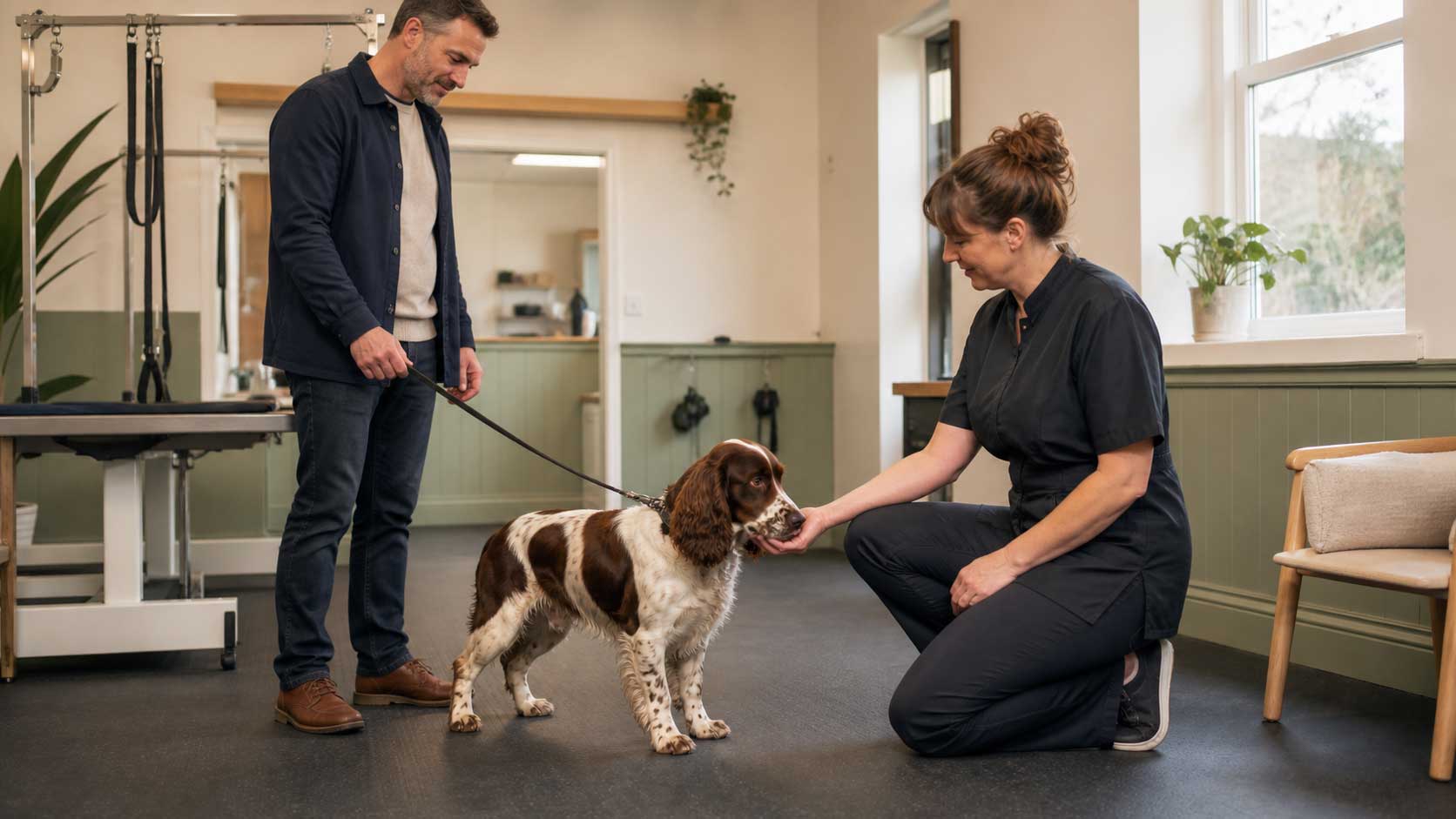 A professional handles a spaniel while its owner looks on